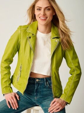 Women’s Mauritius Lime Green Leather Moto Jacket by